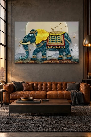 Fida Altın Örtülü Desenli Mavi Fil Canvas Tablo Çok Renkli
