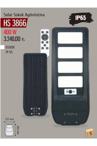 Helıos Hs-3866 400w Solar Sokak Armatur Beyaz Işık Ip65