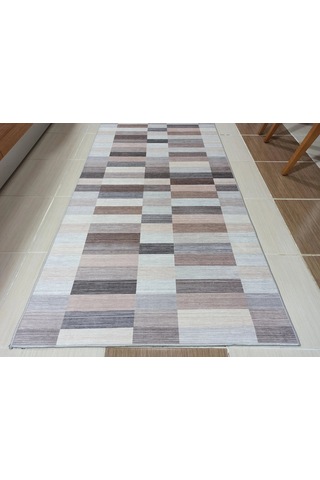 Modern Geometrik Blok Desenli Bej Ve Kahverengi Halı - 12440ou Gri