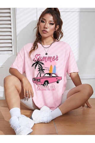 Flood Of Style Kadın Pembe Summer Racing Car Baskılı Oversize T-shirt