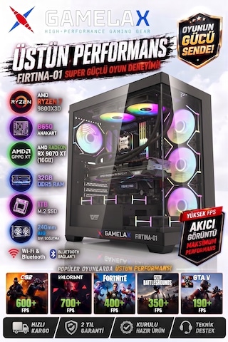 Gamelax Fırtına-01 Amd Ryzen7 9800x3d Rx9070xt 16gb 32gb Ddr5 Ram 1tb M.2 Ssd 240mm Sıvı Soğutma Wi-