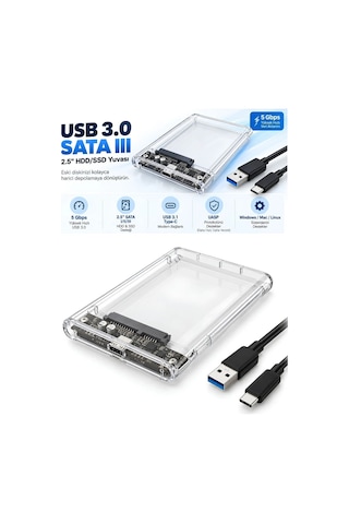 Type-c 2.5" Hdd Ssd Harici Disk Kutusu Şeffaf Usb 3.0 Sata Iıı 5gbps Uasp Destekli Windows Mac Linux Uyumlu