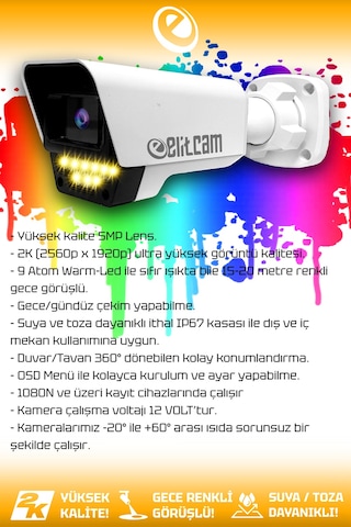 Elitcam 4 Kameralı Süper 4 Dış Kamera Set 250 GB 5 MP 2K Net Renkli Gece Görüşlü Güvenlik Kamerası Sistemi