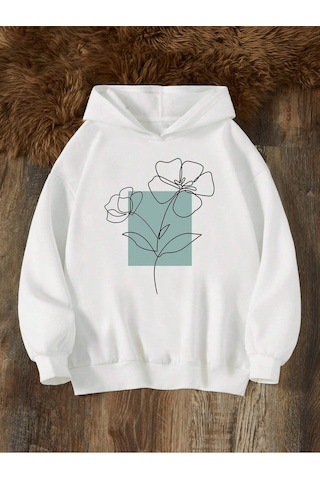 Harmandar 3 Iplik Kalın Pofuduk Çiçek Baskılı Beyaz Unisex Kanguru Cepli Kapüşonlu Sweatshirt Hoodie Beyazçiçek