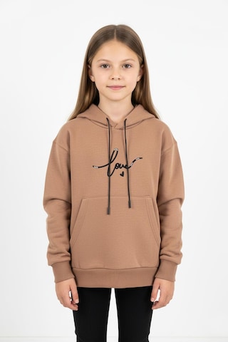 Kapşonlu Love Baskılı Kanguru Cepli Kız Çocuk Sweatshirt-90858 Kahverengi