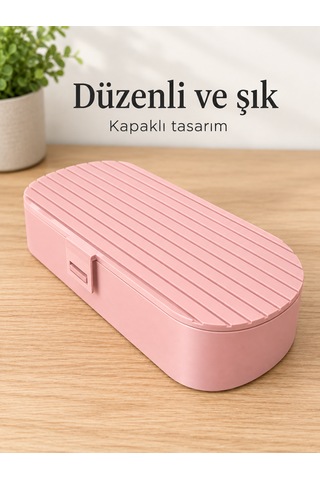 Diş Fırçası Ve Macunu Seyahat Kutusu Kapaklı Bölmeli Organizer Pembe