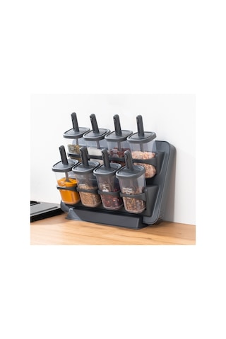 Porsima 1124 Standlı Kaydırmalı Kaşıklı Kapaklı Baharatlık Seti Antrasit