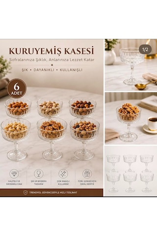 Cam Ayaklı Sunumluk Kase 6 Adet Şeffaf
