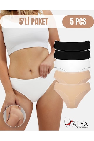 Alya Underwear Kadın Pamuklu Hipster - Slip Külot 5 Farklı Renk 1 Pakette Siyah-Beyaz-Ten