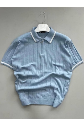 Fermuarlı Polo Yaka Kısa Kollu Triko T-shirt Bebe Mavi