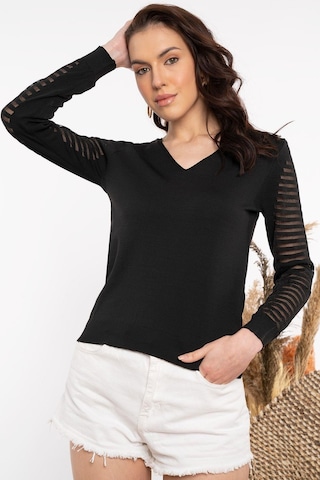 Aqe Fashion Kadın V Yaka Kolu Dantel Detaylı Siyah Bluz Siyah
