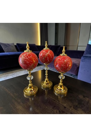 Ruby Gold Küre Dekoratif Obje Seti Kırmızı Mermer Desenli Lüks Modern Masa Üstü Ev Aksesuarı