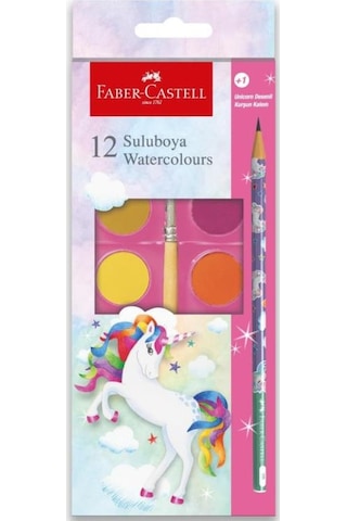 Faber Castell Unicorn Büyük Boy Sulu Boya 12 Li + 1 Kurşun Kalem Hediyeli Çok Renkli