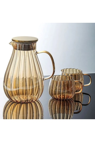 Morponi Borosilikat Cam Papatya Model Amber Sürahi 1800 Ml & 6 Adet Bardaklı