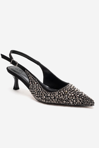 Luvishoes Thea Siyah Platin Taşlı Kadın Topuklu Ayakkabı Siyah