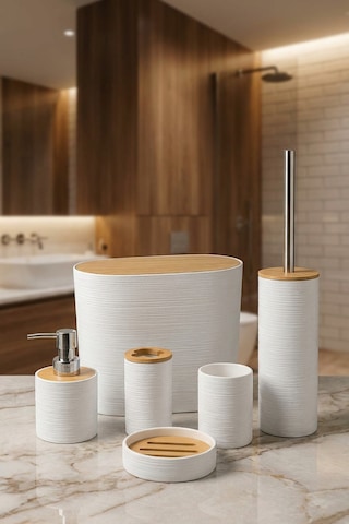 Makri Home 6 Parça Bambu Kapaklı Banyo Seti, Beyaz, Oval, Hacim: 8 Litre
