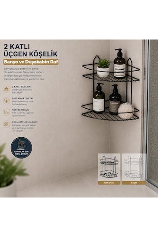 K13-010 2 Katlı & Üçgen Siyah Metal Banyo Köşelik & Duşkabin Raf 12'li Paket