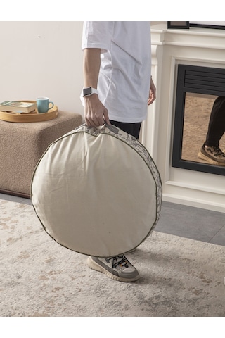 Krem Rengi Yuvarlak Taşınabilir Dekoratif Yer Minderi Puf 60x60 C
