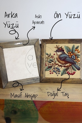 Artavessa Masif Ahşap Çerçeveli Taş Tablo Pano 16 x 16 cm - Bahar ve Kuşlar 2