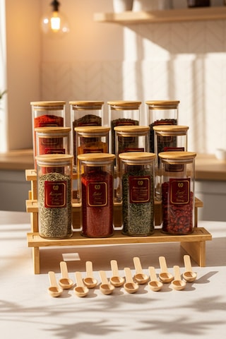 Nare - Bambu Standlı 12'li Vakumlu Kapaklı Ahşap Kaşıklı Etiketli Cam Baharatlık Cam Saklama Kabı