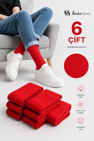 Socks Stores 6 Çift Unisex Renkli Pamuklu Soket Çorap - Renkli Tenis Boy Çorap Kırmızı