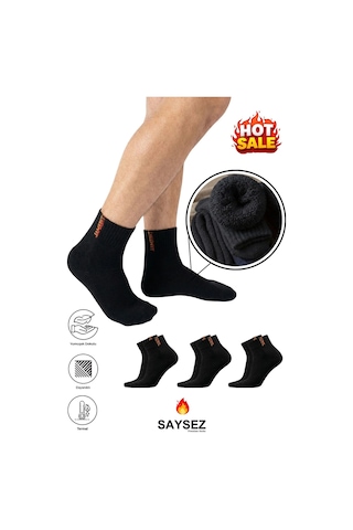 Saysez 3 Çift Termal Erkek Kışlık Patik Yarım Konç Havlu Kalın Çorap Dikişsiz Siyah Renk Premium Pamuk Siyah