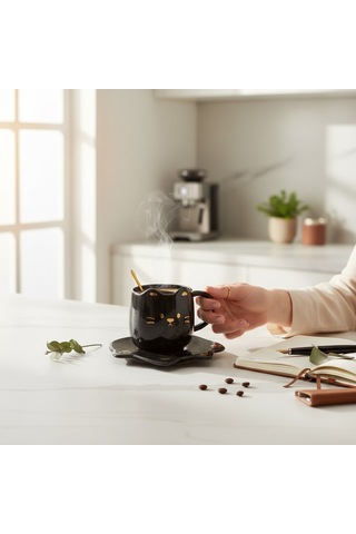 Tatlı Kedi Tasarımlı Kupa Bardak Siyah