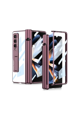 Rba Aksesuar Galaxy Uyumlu Z Fold 4 Kılıf Rba Kıpta Standlı Kalem Bölmeli Kapak - Mürdüm Çok Renkli