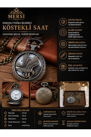 Kartal Figürlü Nostaljik Köstekli Cep Saati Metal Zincirli Antika Tasarım