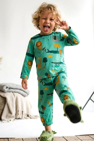 Breeze Erkek Bebek Pijama Takımı Safari Temalı Sevimli Hayvancıklar Desenli 9 Ay-3 Yaş, Yeşil