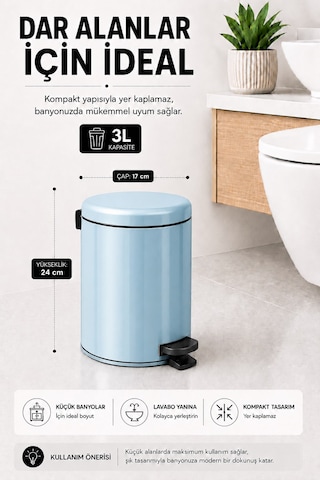 Sas Haus Pedallı Çöp Kovası 3 Litre İç Kovalı Kapaklı Banyo Çöp Kutusu Bebek Mavisi - Elit 7003 Mavi