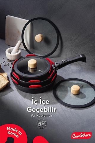 Ceraware Hona Daily 9 Parça Tak Çıkar Saplı Iç Içe Geçebilen Seramik Yapışmaz Tencere Tava Seti Siyah