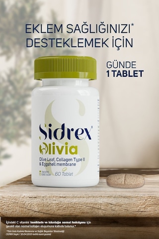 Sidrex Olivia Zeytin Yaprağı Ekstresi Tip 2 Kolajen Yumurta Kabuğu Zarı İçeren Takviye Edici Gıda 60 Tablet
