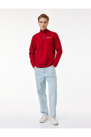 Koton Uzun Kollu Şardonlu Yarım Fermuarlı Yılbaşı Baskılı Sweatshirt Kırmızı 6wam70251mk Kırmızı