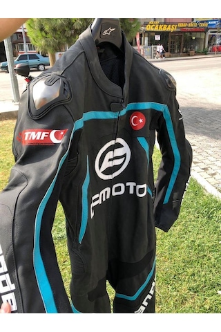 Andes Turkuaz Deri Tek Parça Motosikletçi Tulumu