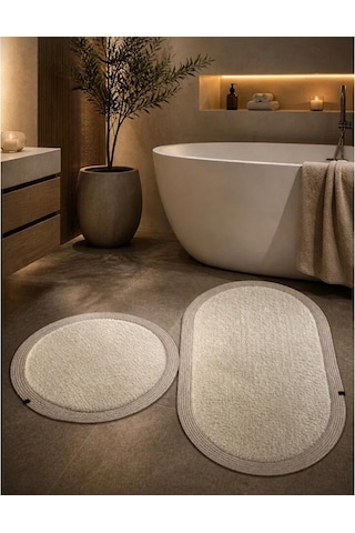 Kaymaz Taban Peluş Banyo Paspası Seti Beyaz Rengi Jüt Kenar Detaylı 2'li Oval Yuvarlak 100x60 60x60