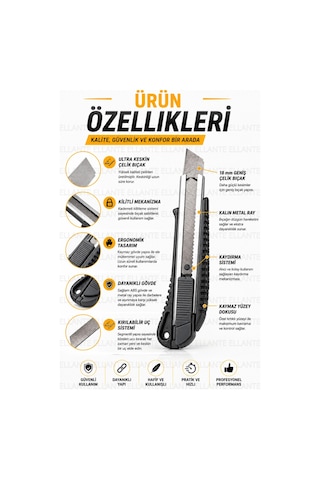 Profesyonel Maket Bıçağı 18 Mm Metal Raylı, Kırılabilir Çelik Uç, Kilitli Mekanizma, Ergonomik Fal