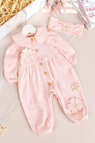 Babymod Bebe Yaka Çiçek Motifli 100% Pamuk Bandanalı Kız Bebek Tulum Somon