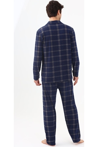 Erkek Pamuklu Mavi Ekose Desenli Uzun Kollu Cep Detaylı Gömlek Yaka Pijama Takımı Ko60113 Mavi