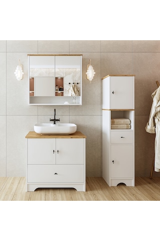 Lavabolu Mdf 80 Cm Çekmeceli Banyo Dolabı + Aynalı Üst Dlp Atlantik Çam - Beyaz