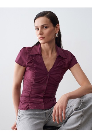 Dilvin 50546 %100 Pamuk Büzgülü Poplin Top-bordo