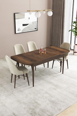 Sar Pakete Almira Serisi, Barok Ahşap Desen 80x132 Açılabilir Mdf Mutfak Masası Takımı 4 Adet Sandalye Krem