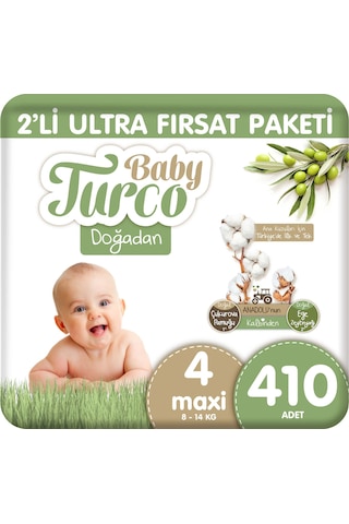 Baby Turco Doğadan 2'li Ultra Fırsat Paketi Bebek Bezi 4 Numara 410 Adet 5'li