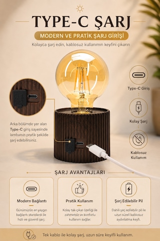 Şarjlı Masa Lambası Abajur Dimmer Parlaklık Ayarlı Gece Masa Üstü Lamba Kahve 712 Kahverengi