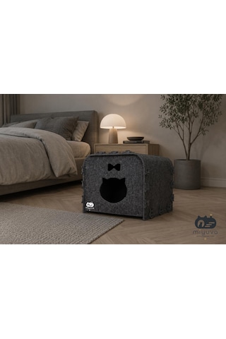Keçe Kedi Evi Demonte, Yıkanabilir, Taşınabilir Kedi Kulübesi Küp Gri