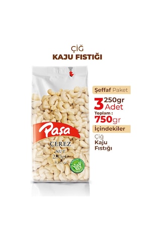 Paşa Kuruyemiş Çiğ Kaju Fıstığı Şeffaf Paket 3 x 250 G