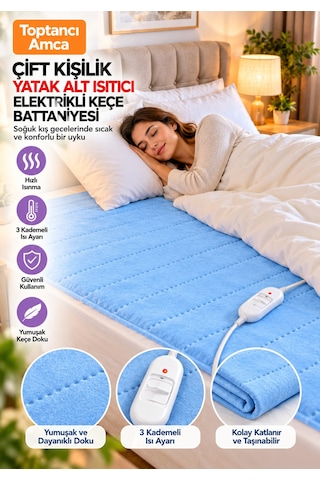 Elektrikli Battaniye Çift Kişilik 120x160 Cm Keçe Yüzey, Isı Ayarlı, Fermuarlı 2 Yıl Garantili Mavi