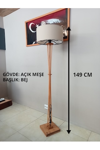 Açık Meşe Ahşap Lambader-bej Başlıklı Köşe Lambası-anahtarlı Kablo