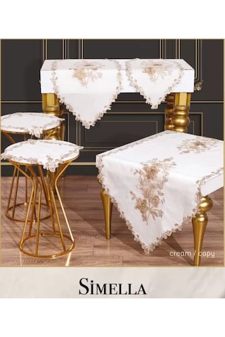 Salon Takımı 5 Parça Nakış İşlemeli Masa Örtüsü Runner Seti Çeyizlik Simella Model Krem-kapi Çok Renkli