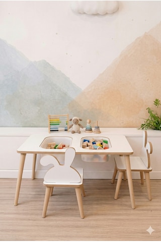 Montessori Çocuk Masası-oyun Masası-aktivite Masası-etkinlik Masası Takımı 2 Tavşan Sandalye Beyaztvsn Beyaz